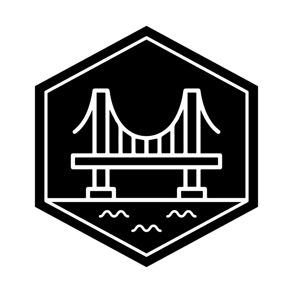 Hexagon icon showing for the Building Your World major, featuring a suspension bridge over water.