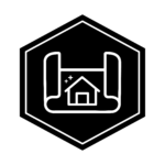 Hexagon icon showing for the Tiny House Engineering major, featuring a house within a scroll.