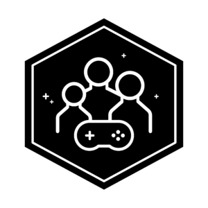 Hexagon icon showing for the Connecting Families major, featuring three figures over a game controller.