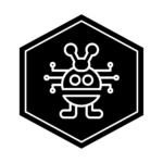 Hexagon icon showing for the Monster Innovation major, featuring a robot with antenna and six arms.