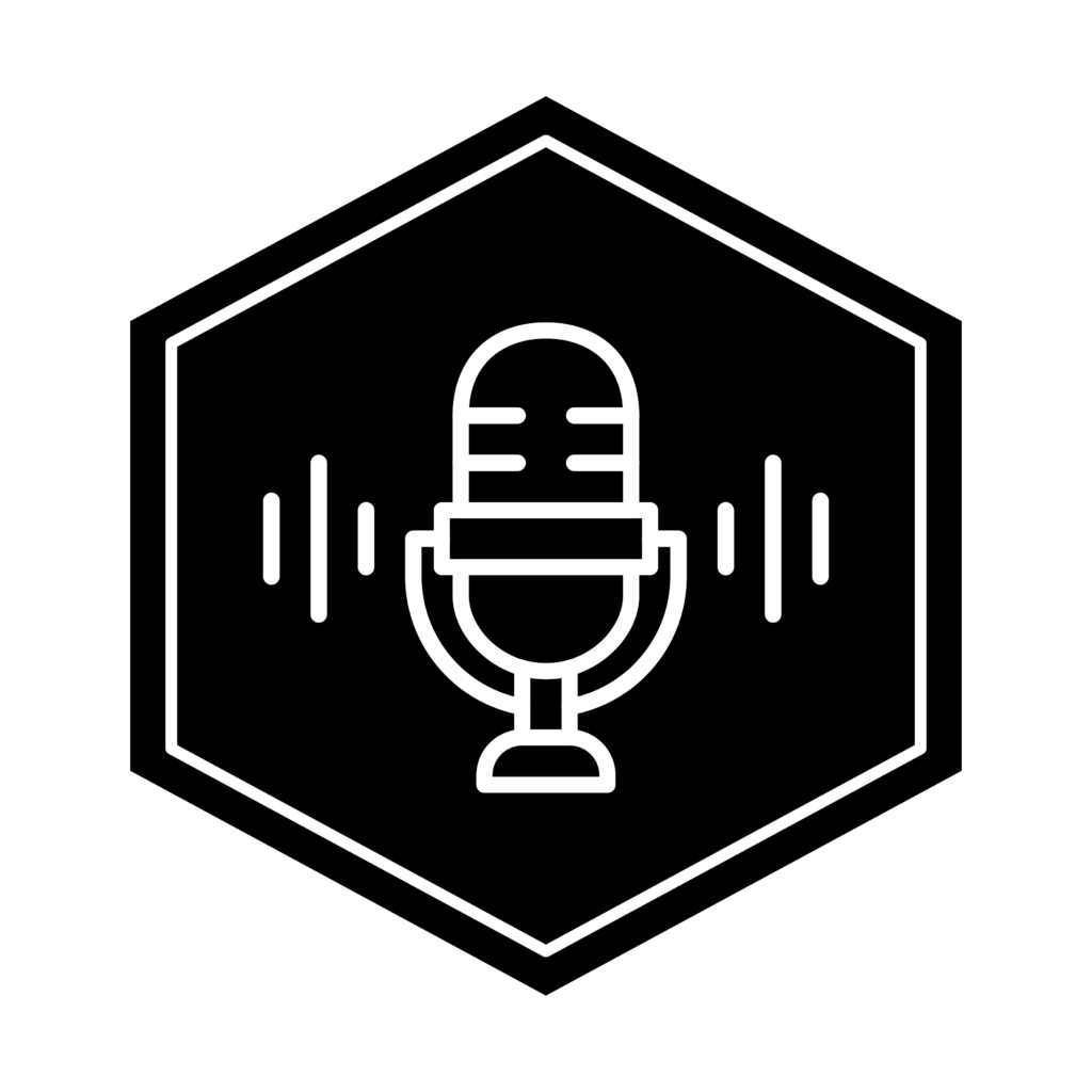 Hexagon icon showing for the The Power of Podcasting major, featuring a microphone.