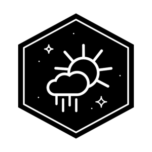Hexagon icon showing for the Weather or Not major, featuring a sun behind a raincloud.