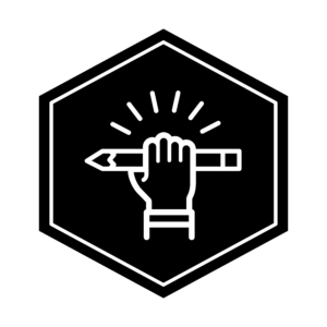 Hexagon icon showing for the Writing With an Author major, featuring a hand holding a pencil.