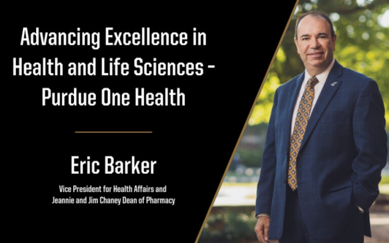 Graphic featuring Edit barker, Vice President for health Affairs and Jeannie and Jim Chaney Dean of Pharmacy at Purdue.