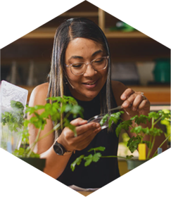 Hexagon image displaying a female Purdue student working on a plants!