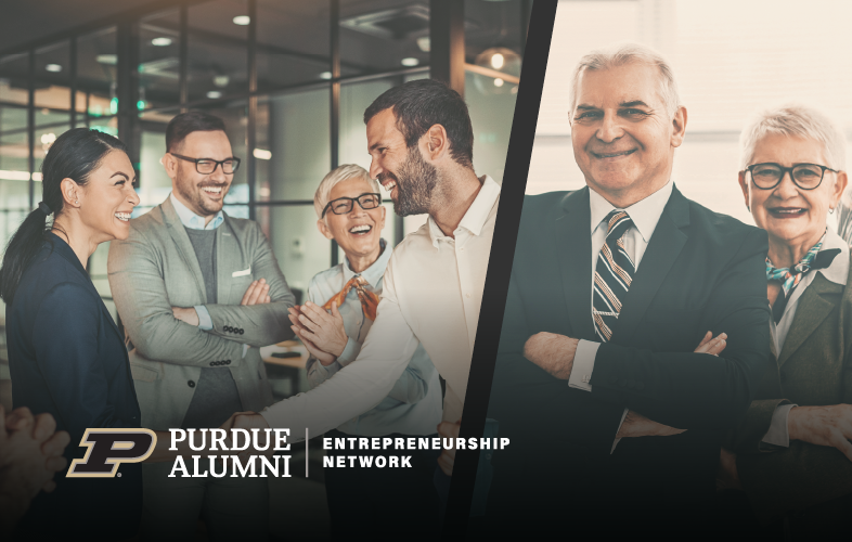 Image featuring the Purdue Entrepreneurship Network, which consists of two layers of entrepreneurial alumni in the graphics.