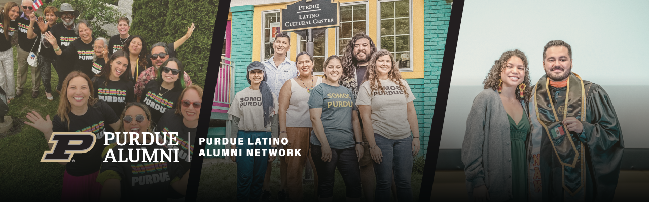 Image featuring the Purdue Latino Alumni Network, which consists of three layers of Latino students in the graphics.